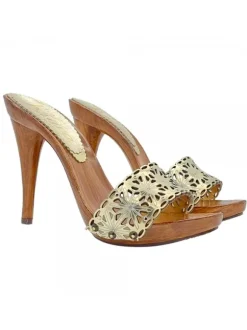 LASERED GOLD LEATHER CLOGS WITH HIGH HEEL