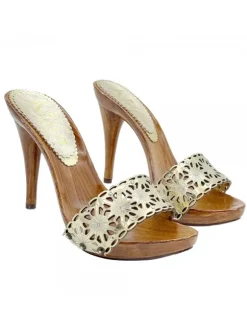 LASERED GOLD LEATHER CLOGS WITH HIGH HEEL