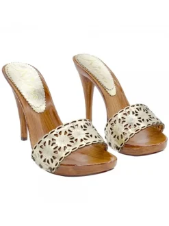LASERED GOLD LEATHER CLOGS WITH HIGH HEEL