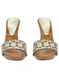 LASERED GOLD LEATHER CLOGS WITH HIGH HEEL