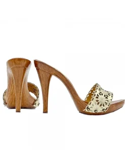 LASERED GOLD LEATHER CLOGS WITH HIGH HEEL