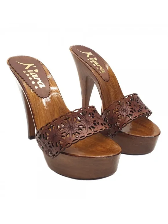 LEATHER CLOGS BROWN HIGH HEEL 13 CM