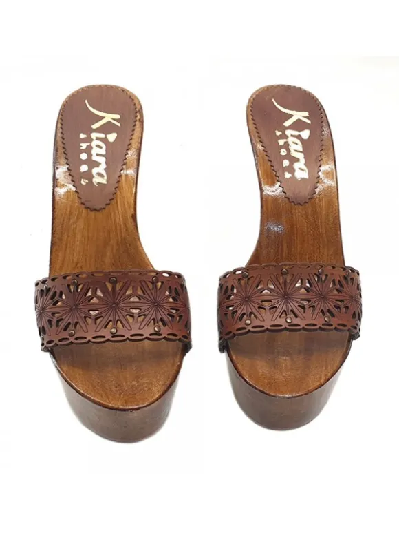 LEATHER CLOGS BROWN HIGH HEEL 13 CM