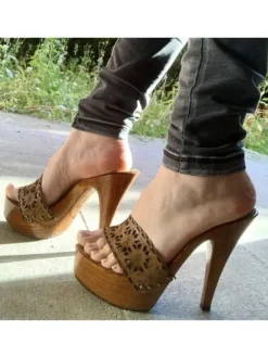 LEATHER CLOGS BROWN HIGH HEEL 13 CM