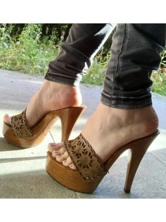 LEATHER CLOGS BROWN HIGH HEEL 13 CM