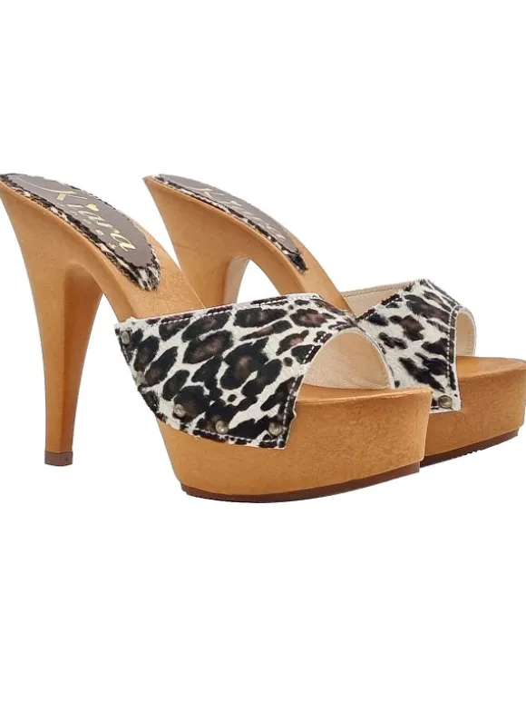 Leather clogs with spotted print and 13 heel