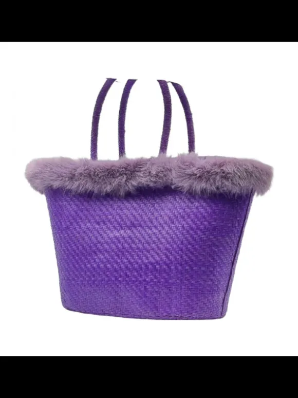 Lilac Raffia Bag with Fur