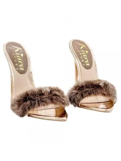 POINTED CHAMPAGNE SANDALS WITH FUR AND HEEL 12