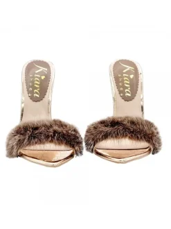 POINTED CHAMPAGNE SANDALS WITH FUR AND HEEL 12