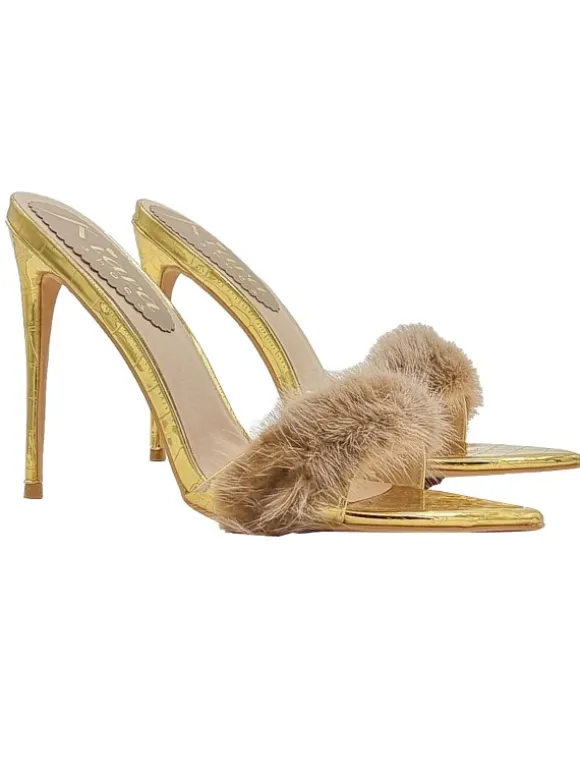 Pointed gold sandals with 12 cm heel and fur - KC14 ORO