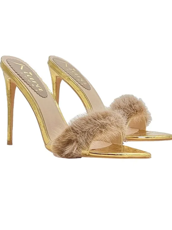 Pointed gold sandals with 12 cm heel and fur - KC14 ORO