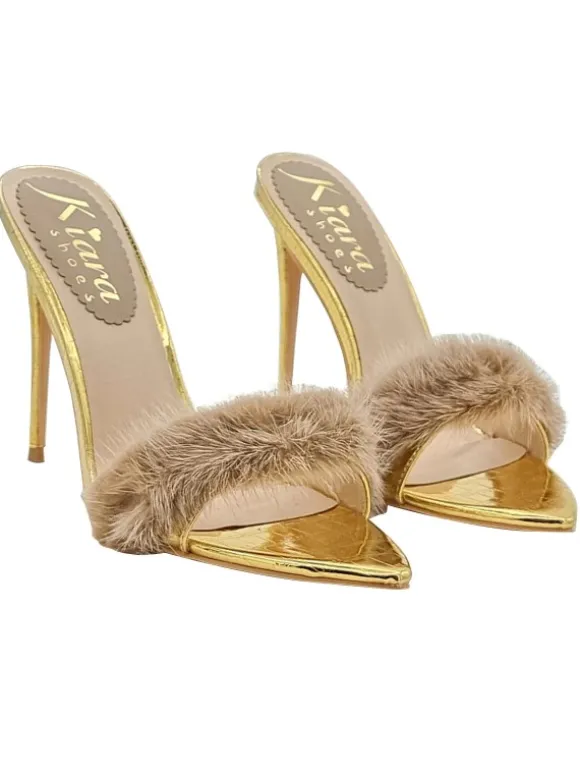 Pointed gold sandals with 12 cm heel and fur - KC14 ORO