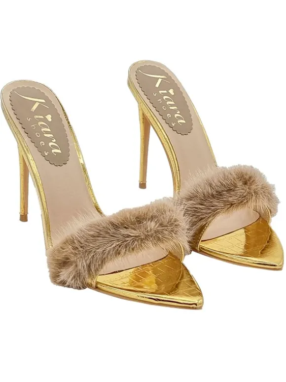 Pointed gold sandals with 12 cm heel and fur - KC14 ORO