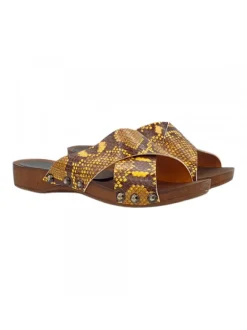 PYTHON CLOGS WITH CROSSED LEATHER BANDS