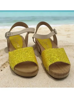 Real wood clogs for girls | glittered leather band