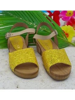 Real wood clogs for girls | glittered leather band