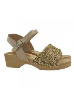 Real wood sandals for girls | gold band in glittery leather