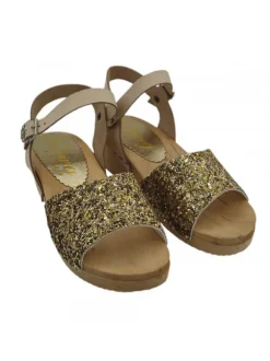 Real wood sandals for girls | gold band in glittery leather