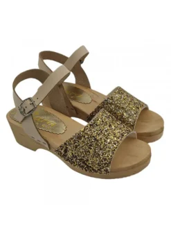 Real wood sandals for girls | gold band in glittery leather