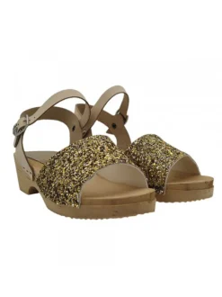 Real wood sandals for girls | gold band in glittery leather