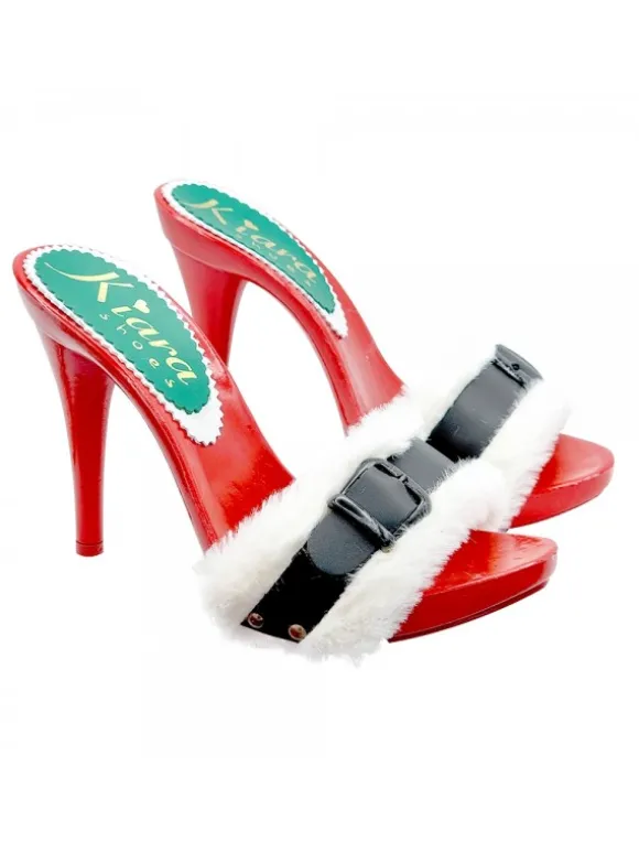 RED CHRISTMAS CLOGS WITH WHITE FUR AND BUCKLE