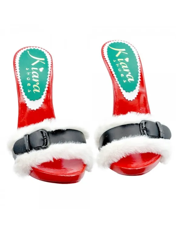 RED CHRISTMAS CLOGS WITH WHITE FUR AND BUCKLE
