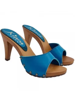 ROYAL BLUE LEATHER CLOGS WITH HEEL 9