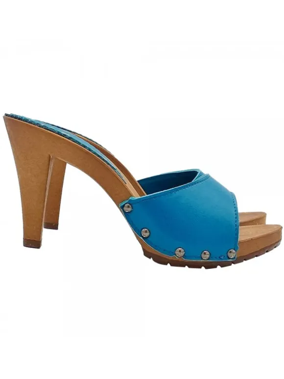 ROYAL BLUE LEATHER CLOGS WITH HEEL 9