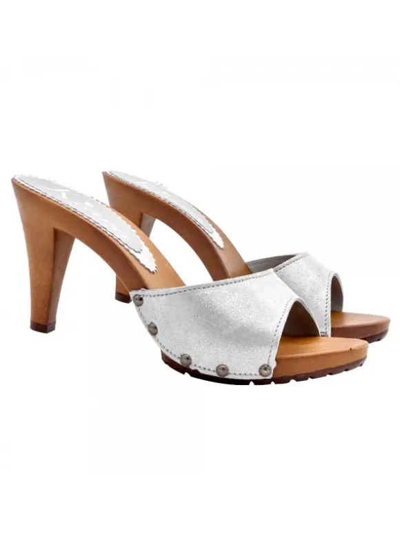 SILVER CLOGS GLITTER LEATHER WITH HEEL 9
