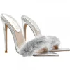 SILVER POINTED SANDALS WITH FUR AND HEEL 12
