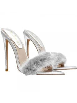 SILVER POINTED SANDALS WITH FUR AND HEEL 12