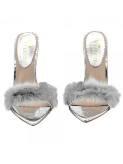 SILVER POINTED SANDALS WITH FUR AND HEEL 12