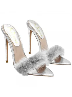 SILVER POINTED SANDALS WITH FUR AND HEEL 12