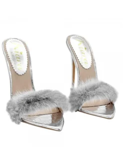 SILVER POINTED SANDALS WITH FUR AND HEEL 12