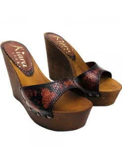 WEDGE CLOGS IN HAZEL PYTHON LEATHER