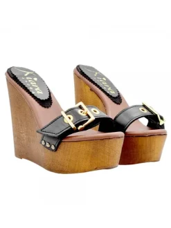 WEDGE WITH BLACK LEATHER BAND AND HIGH HEEL