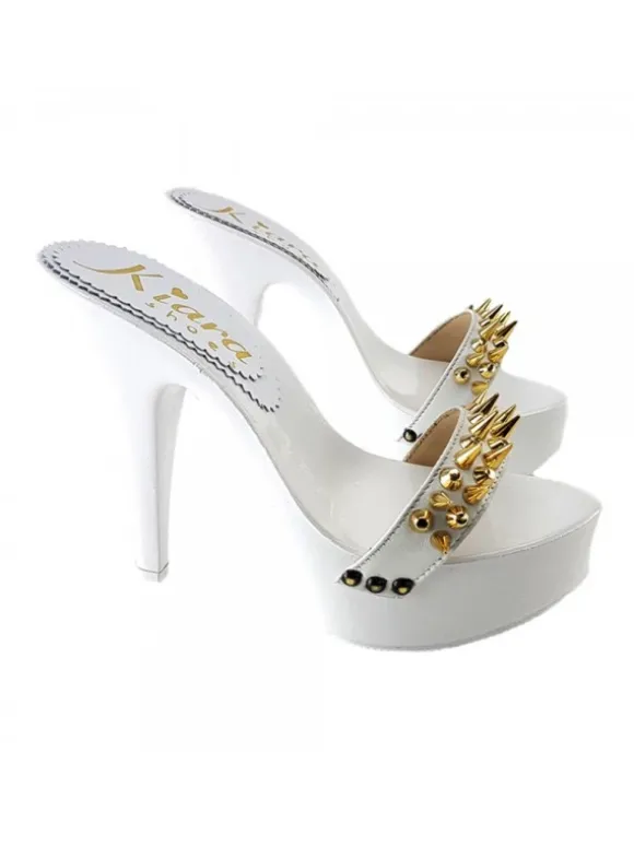 WHITE CLOG HEEL GOLDEN STUDS