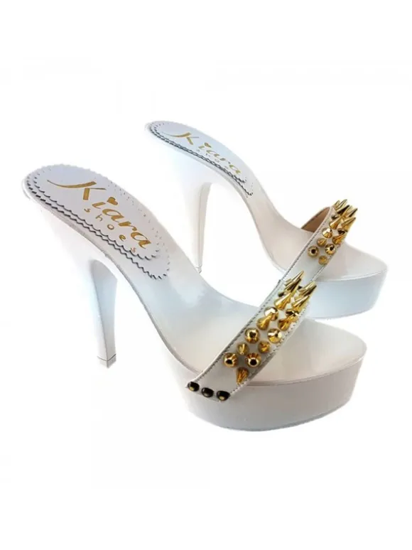 WHITE CLOG HEEL GOLDEN STUDS