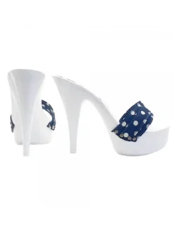 WHITE CLOGS WITH BLUE POLKA DOT BAND