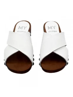 WHITE CLOGS WITH CROSSED LEATHER BANDS