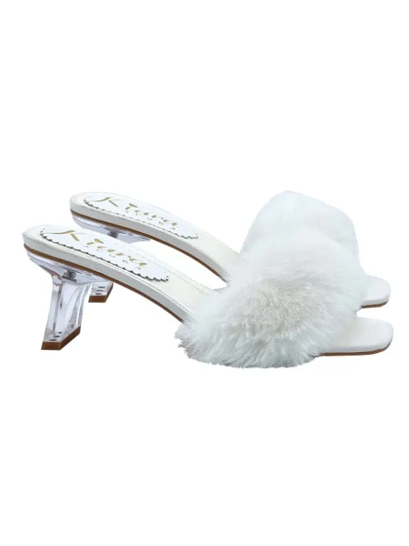 WHITE CLOGS WITH FUR AND TRANSPARENT HEEL