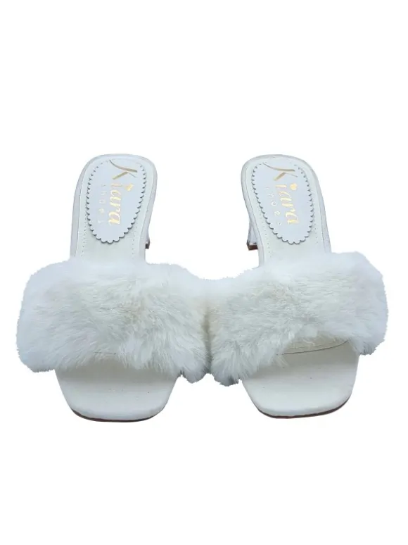 WHITE CLOGS WITH FUR AND TRANSPARENT HEEL