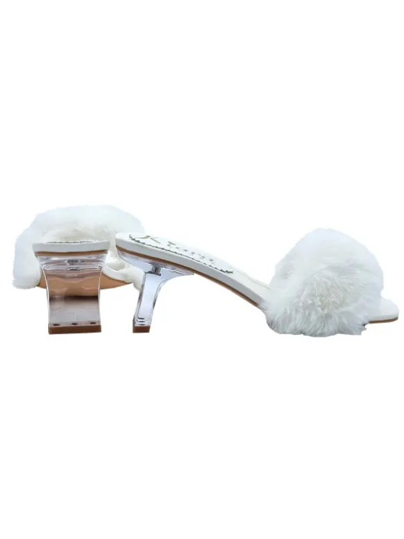 WHITE CLOGS WITH FUR AND TRANSPARENT HEEL