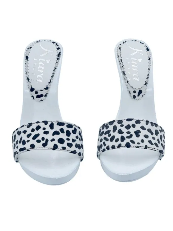 WHITE CLOGS WITH "DALMAT EFFECT" PRINT AND HIGH HEEL