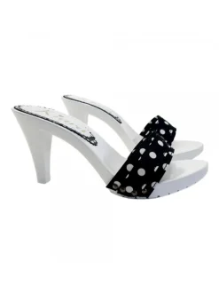 WHITE HEEL CLOGS WITH BLACK POLKA DOT UPPER