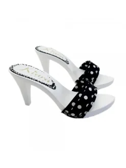 WHITE HEEL CLOGS WITH BLACK POLKA DOT UPPER