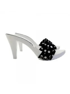 WHITE HEEL CLOGS WITH BLACK POLKA DOT UPPER