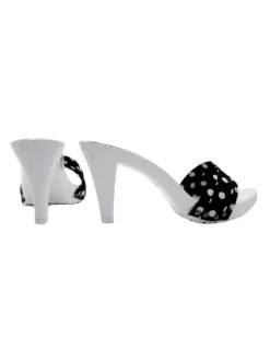 WHITE HEEL CLOGS WITH BLACK POLKA DOT UPPER