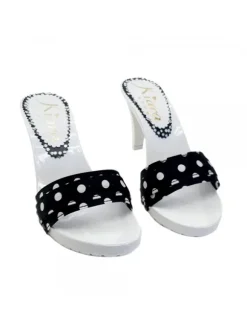 WHITE HEEL CLOGS WITH BLACK POLKA DOT UPPER