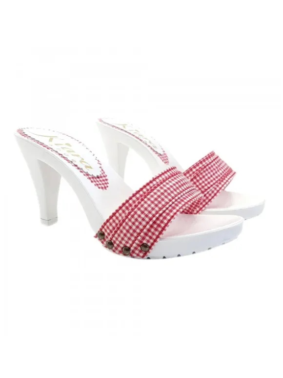 WHITE HEEL CLOGS WITH RED PIN-UP STYLE UPPER